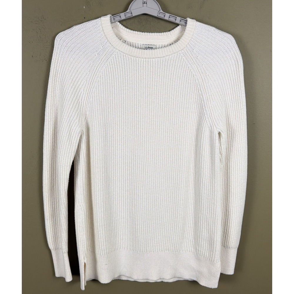 LL Bean Women's Ribbed Cotton Crewneck Pullover Sweater Ivory White Size Large